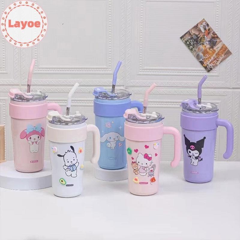 Layoe 860ml แก้วน้ําน่ารักพร้อมที่จับและฝาปิดฟางถ้วยฉนวนขวดน้ําสแตนเลสแบบใช้ซ้ําได้แก้ว TH
