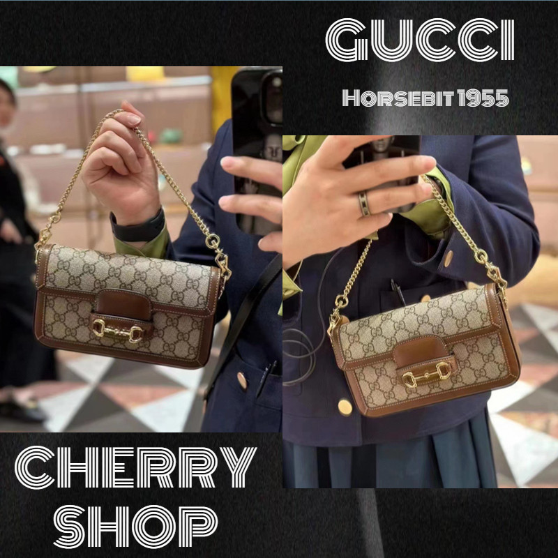 🍒🍒ของแท้ 100% Gucci Horsebit 1955 series กระเป๋าถือมินิผู้หญิงกระเป๋า/กระเป๋าสะพาย/กระเป๋า Messenger