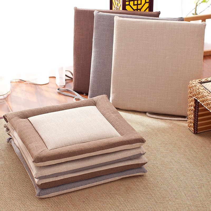 เบาะรองนั่งเสื่อทาทามิผ้าลินิน 45x45 ซม. พร้อมเนคไท, เบาะรองนั่งพื้นทรงสี่เหลี่ยมสไตล์ญี่ปุ่น, พรมปูพื้นกันลื่น