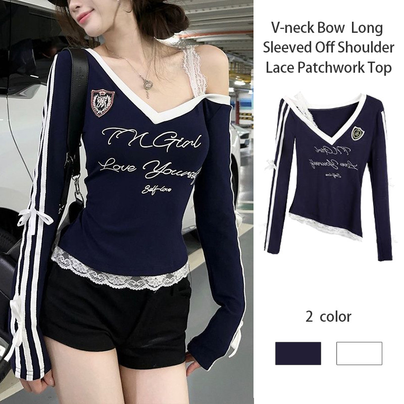 เสื้อเชิ้ตคอวีผูกโบว์ เสื้อเชิ้ตผู้หญิงแขนยาวไฮเอนด์ เปิดไหล่ เสื้อเชิ้ตผ้าลูกไม้ปะติด-MTY