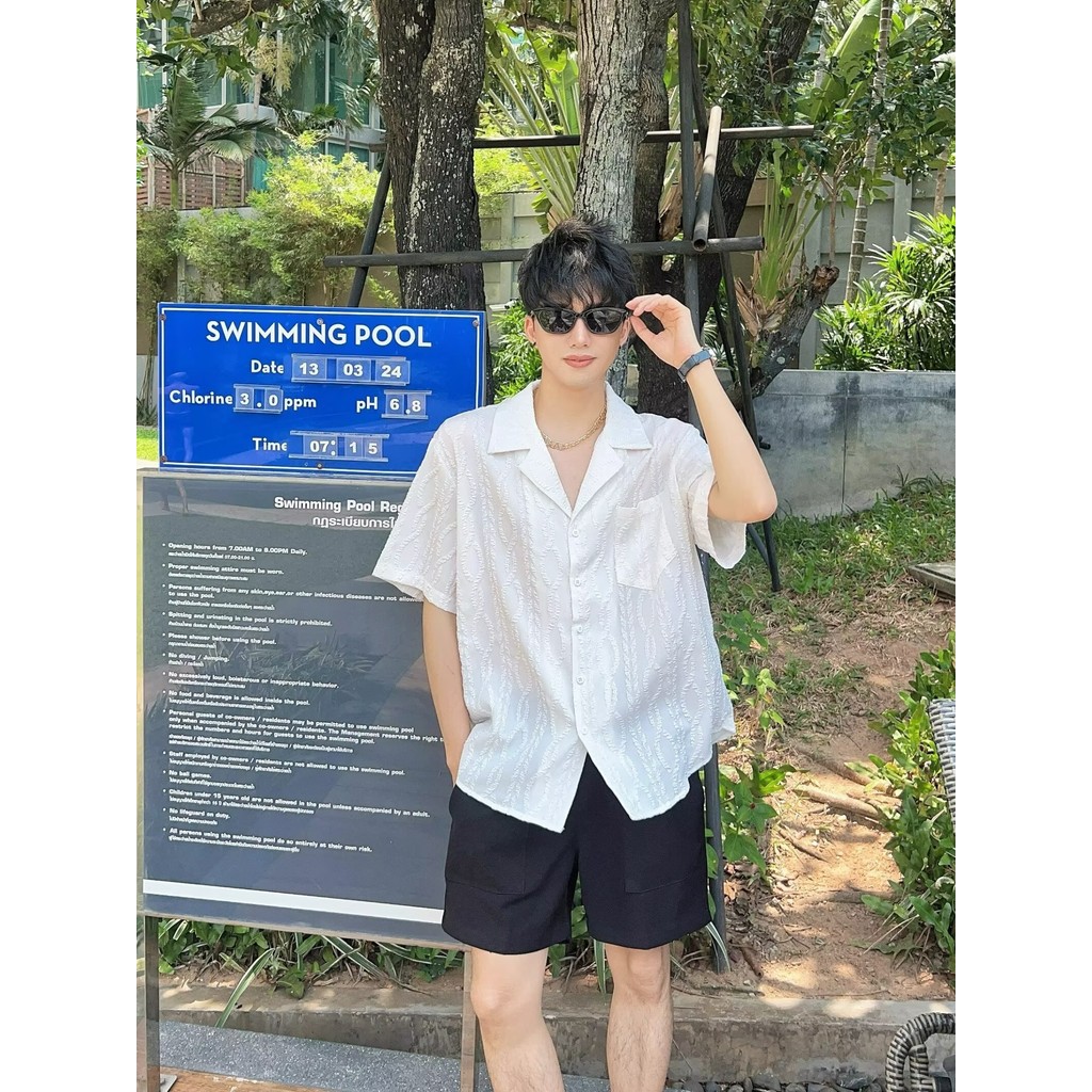 เสื้อแขนสั้น mens high-end ลายแจ็กการ์ด คอคิวบา ทรงคลายๆ สำหรับฤดูร้อน