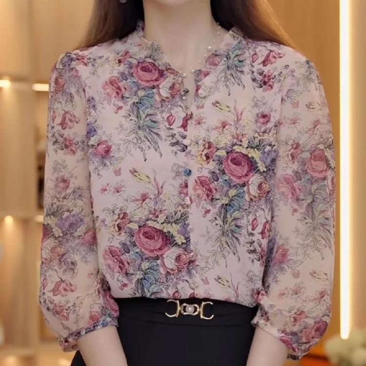 ohho เสื้อชีฟอง แขนสามส่วน เสื้อเชิ้ตลายดอกไม้ สไตล์ใหม่ หลวมๆ เข้ารูป เสื้อผู้หญิงลดอายุ #99097