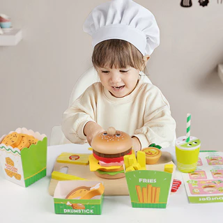 BHQ ของเล่นเด็กในครัว ของเล่นไม้ เบอร์เกอร์ แซนวิช มินิครัวอาหารปลอมของเล่น