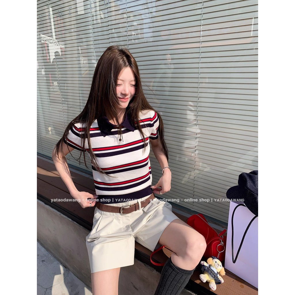 เสื้อโปโลลายทางสำหรับผู้หญิง แขนสั้น คุณภาพดี