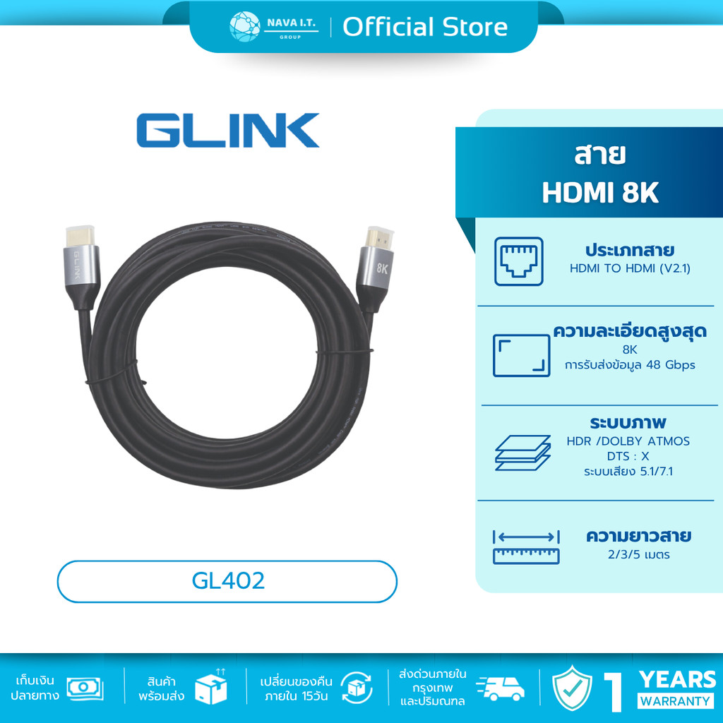 🛵มีส่งด่วน💨  (208) GLINK GL-402 GL402 CABLE สายHDMI 8K (V.2.1) M/M ขนาด 2 / 3 / 5 เมตร-ประกัน1ปี