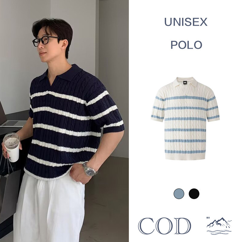 BS |Polo ฤดูร้อนสีฟ้าและสีขาวปกเสื้อโปโลแขนสั้นถักเสื้อผู้ชายหลวมอเมริกันยืดเสื้อยืดสไตล์ผู้ชาย