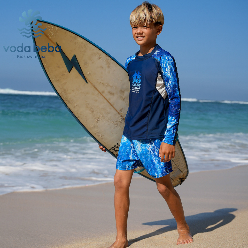 voda beba ชุดว่ายน้ำเด็กแขนยาว กันแดดครีม กางเกงขาสั้นสำหรับชายหาบแห้งเร็ว