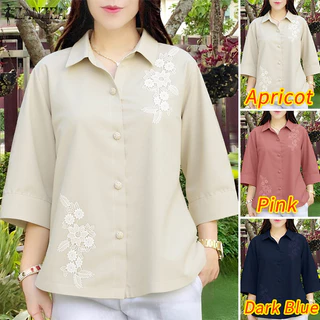 เสื้อสเวตเตอร์ถักสำหรับผู้หญิง แขน 3/4 ลายปักผ้าฝ้าย ทรงคลายComfort Fit