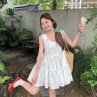เสื้อกั๊กสีเหลือง Bowknot สำหรับผู้หญิง พร้อมกระโปรงสั้นปุย สไตล์เบาสบายสำหรับฤดูร้อน
