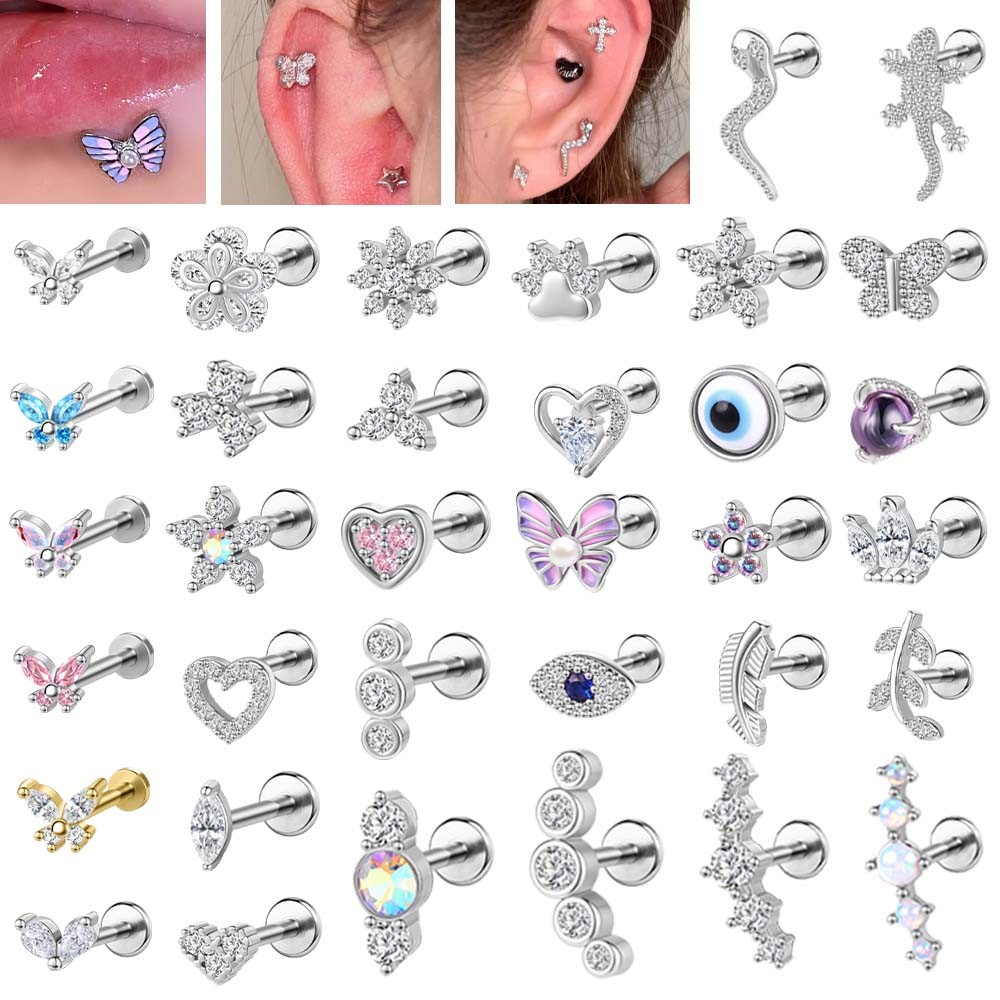 ต่างหูสแตนเลสแบบ hoop และ labret ขนาด 6 มม. ตกแต่งด้วยคริสตัลและลวดลายผีเสื้อหัวใจ Devils Eye