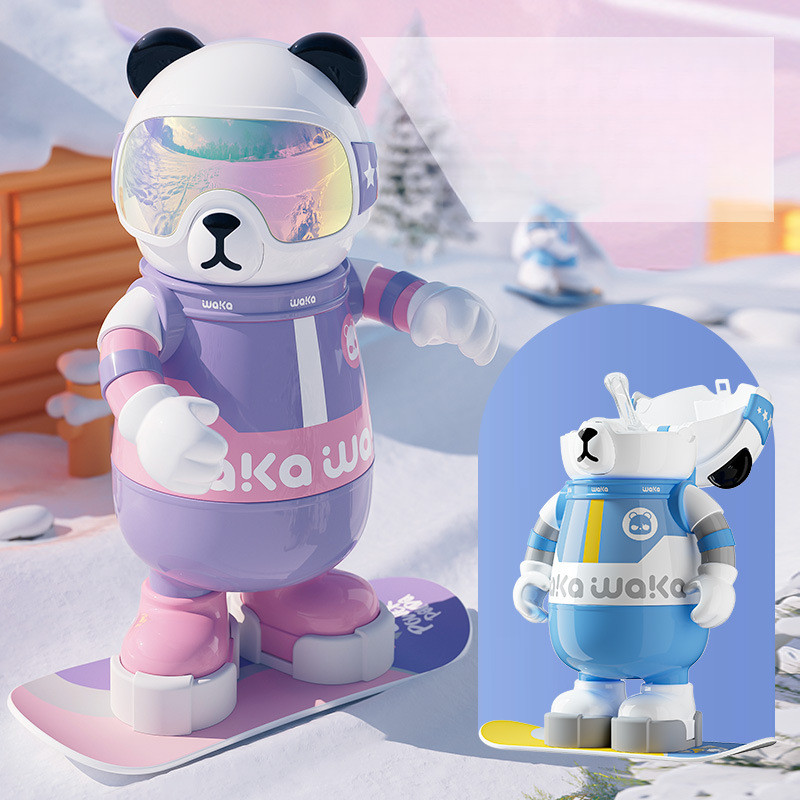 Waka Panda ถ้วยฉนวนเซรามิคด้านในหม้อสแตนเลสพร้อมฟางเด็กนักเรียนการ์ตูนอินเทรนด์ถ้วยน้ําเล่น