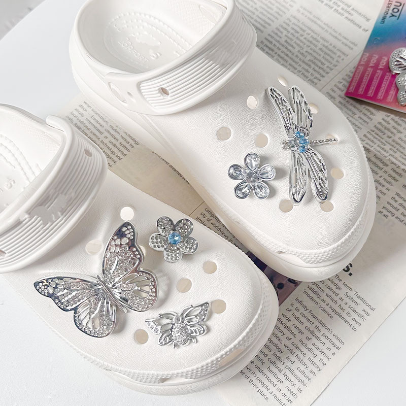 3ง สามมิติเงินผีเสื้อแมลงปอรองเท้าหัวเข็มขัดที่ถอดออกได้อุปกรณ์เสริมรองเท้าดอกไม้