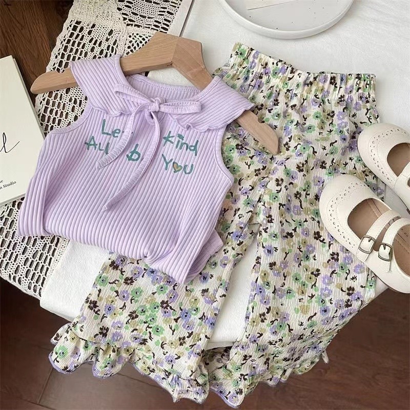 ชุดเด็กหญิงสไตล์ใหม่ สีม่วงลายดอกไม้ สำหรับฤดูร้อน
