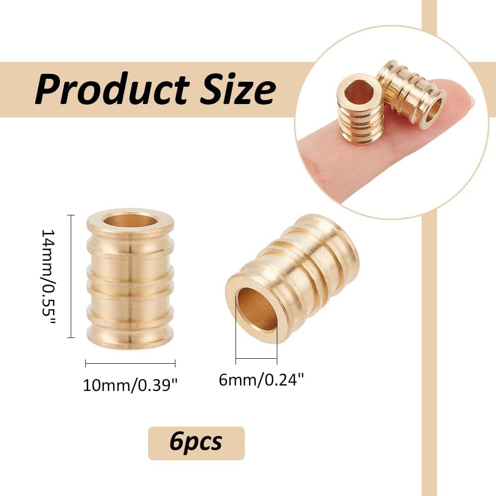 NBEADS 6 Pcs Brass Paracord Bead, Groove Column Lanyard Beads 6mm Large Hole European Beads Metal Lo