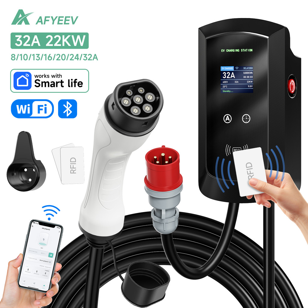 AFYEEV 32A EV สถานีชาร์จ 22KW 3Phase ไฟฟ้ารถชาร์จ 11KW Type2 IEC62196-2 EVSE Wallbox APP ควบคุม 5 M 