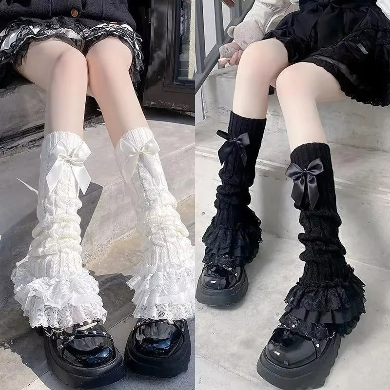 ฝาครอบขาและถุงเท้าหลอดแบบ Lolita สไตล์ Y2K ลายหวานลูกไม้สีขาว