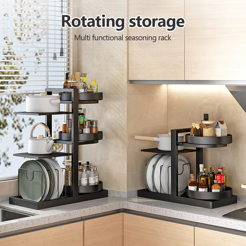 ชั้นเก็บของบนโต๊ะในครัวหมุนได้ยกชั้นวางเครื่องปรุงรสชั้นวางหม้อหลายชั้น