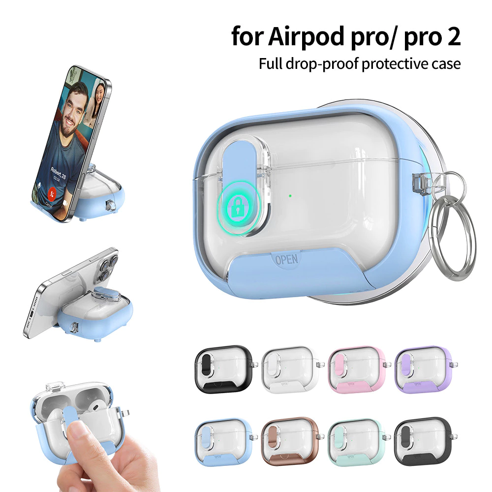 กรณีป้องกันคลิปล็อคอย่างปลอดภัย For Airpod 4 พร้อมขาตั้งโทรศัพท์ For Air Pods Pro 2 เคสป้องกันหูฟัง การชาร์จแบบไร้สาย