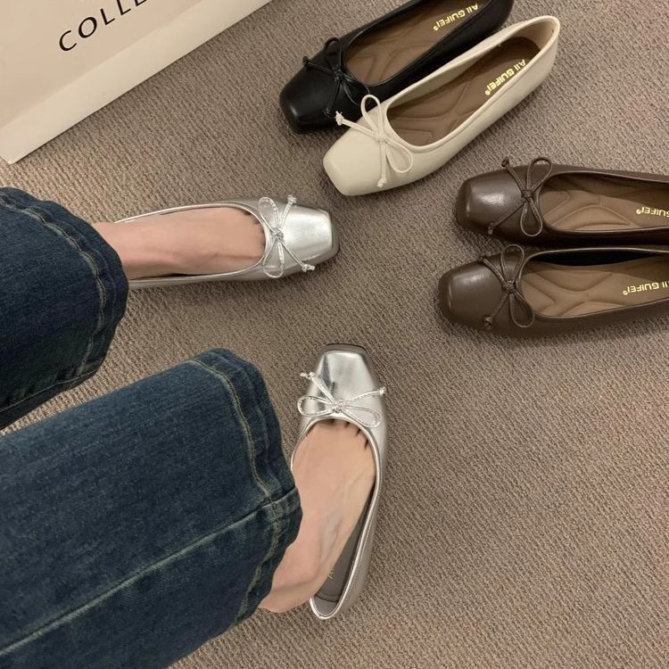 Flat French Silver Gentle Evening Shoes with Skirt Fairy Style Bow Peas Shoes Slip-On Shallow Mouth 