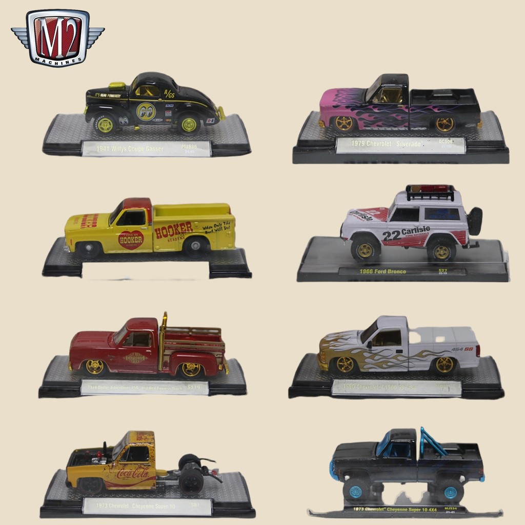 M2 Machines 1:64 ชุดรถDiecast Vintage – Red Classic Coupe & Blue Retro Busพร้อมประตูเปิด