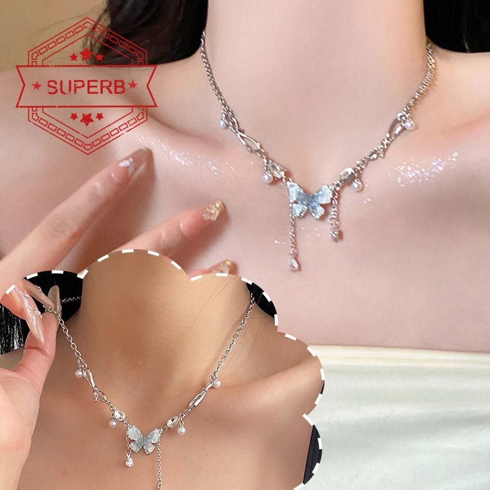 apoedc Gradient ผีเสื้อพู่สร้อยคอหญิงคุณภาพสูง Y2k สร้อยคอหวานสาว Clavicle Chain O0d9 poedc