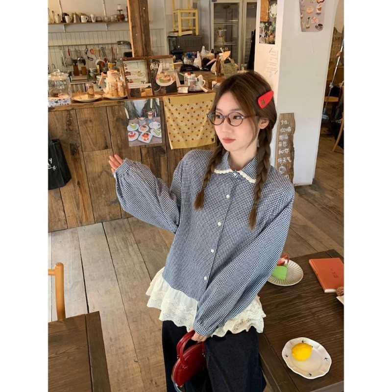 LINNA~Xเวอร์ชั่นเกาหลี ตาหมากรุก ขอบลูกไม้ แขนยาว เสื้อเชิ้ต สไตล์ใหม่ แฟชั่น สไตล์หวาน - รูปที่ 7