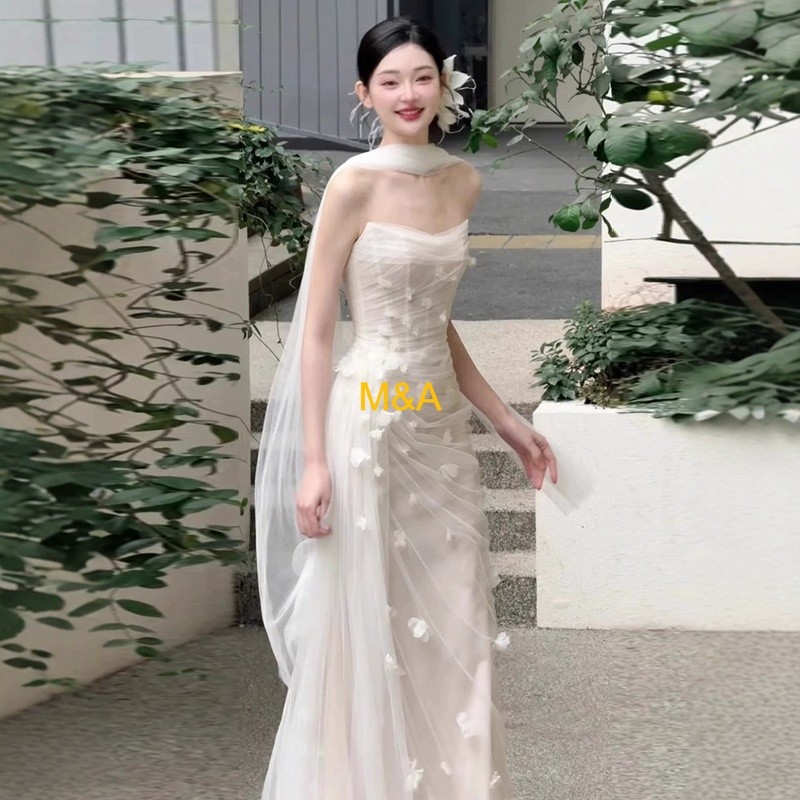 [M & A] Real Shot ชุดแต่งงานแสงฝรั่งเศสสไตล์โมรินางฟ้า Fishtail ดอกไม้เจ้าสาวหวาน Morning Robe หรูหรา Tube Top หมั้นชุด Outing Gauze XXL