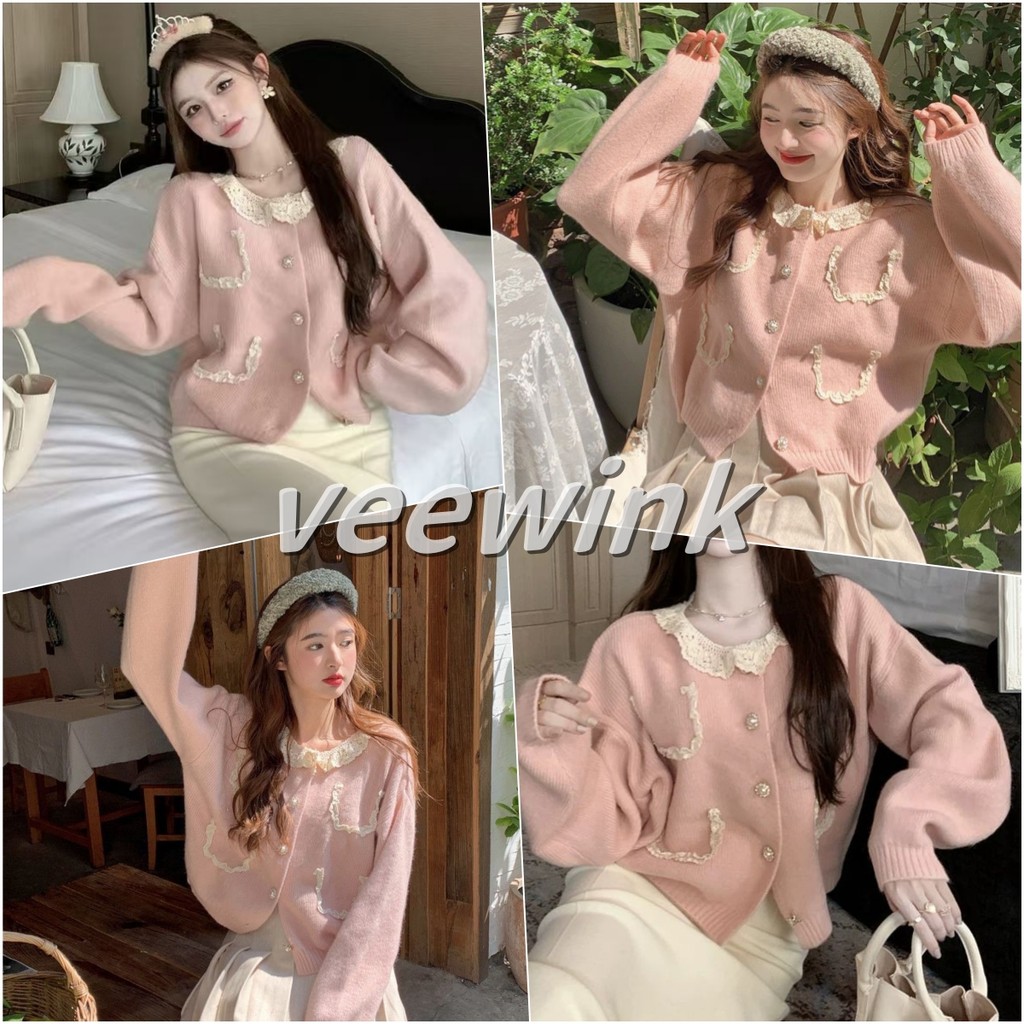 Veewink เสื้อสเวตเตอร์สไตล์ฝรั่งเศส เนื้อนุ่ม ลูกไม้ปัก ทรงหลวม ใส่ได้หลายโอกาส