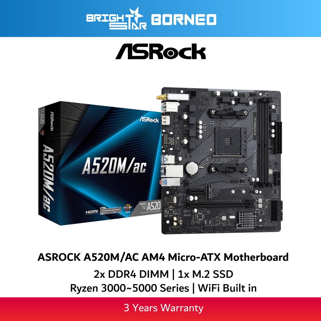 ASROCK A520M/AC WiFi AM4 เมนบอร์ด Micro-ATX