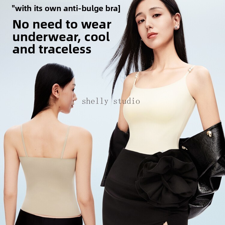 สลิง Camisole ผ้าไหมน้ำแข็ง พร้อม Bra Padding ถ้วยนุ่ม U-shape สำหรับผู้หญิง