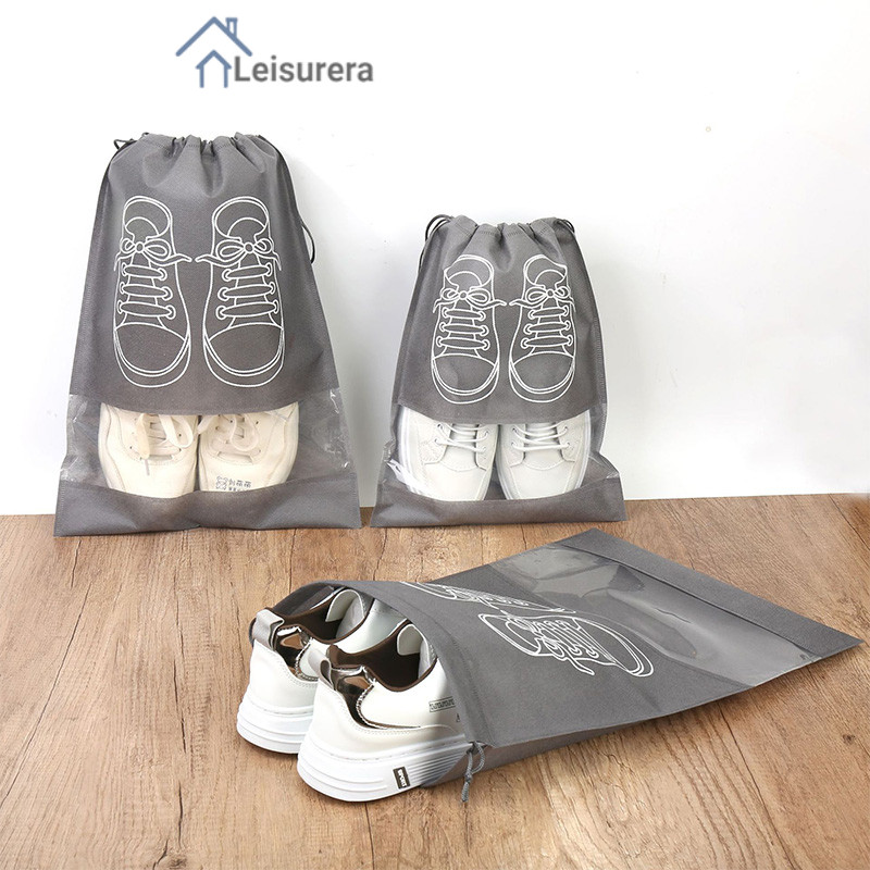 LAถุงเก็บรองเท้าแบบไม่ทอ ถุงใส่รองเท้าทรงสูงพร้อมเชือกผูกปากถุงสำหรับเดินทาง ถุงเก็บรองเท้ากันฝุ่น