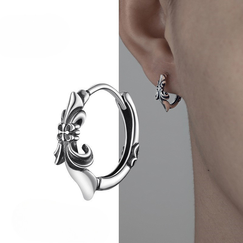 Retro Antique Silver Saint Cross Thistle รูปแบบ Hoop ต่างหูสําหรับผู้ชายต่างหูอินเทรนด์เครื่องประดับ