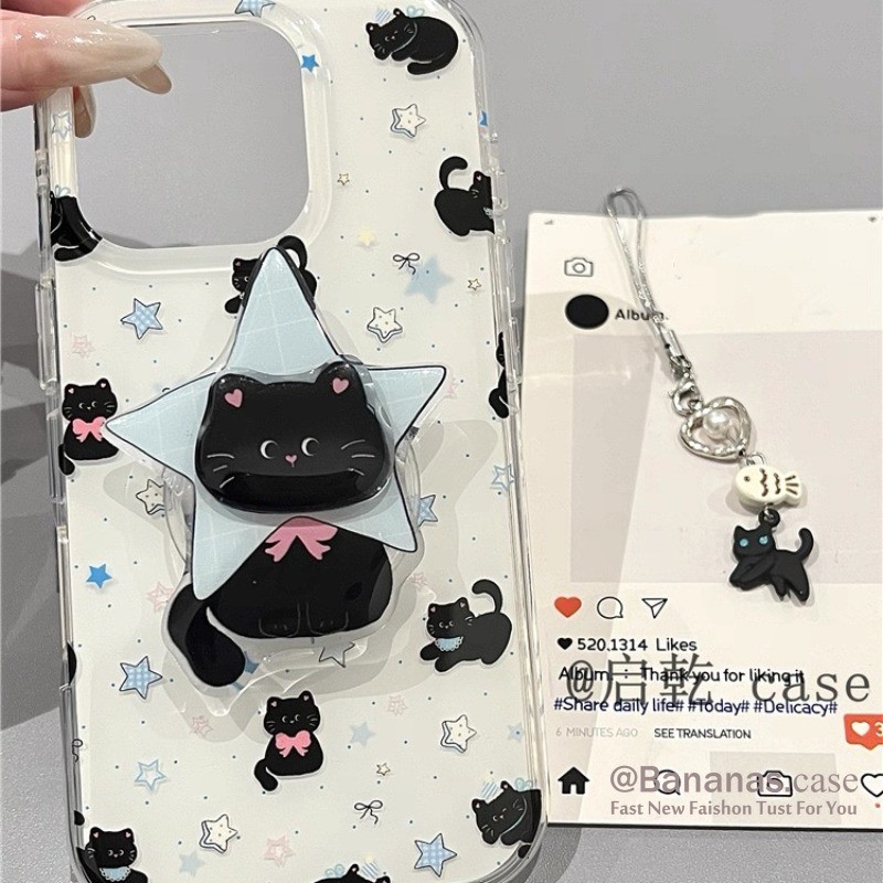เข้ากันได้กับ iPhone 17 16 15 14 13 12 11 Pro Max X Xr Xs Max 7 8 Plus SE2020 เคสโทรศัพท์น่ารักแมวดํา + ขาตั้ง + Lanyard ฝาหลังแบบนุ่ม