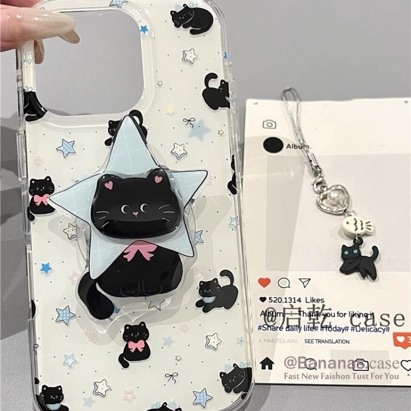 เข้ากันได้กับ iPhone 17 16 15 14 13 12 11 Pro Max เคสโทรศัพท์น่ารักแมวดํา + ขาตั้ง + Lanyard Soft ฝาหลัง