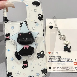 เข้ากันได้กับ iPhone 17 16 15 14 13 12 11 Pro Max เคสโทรศัพท์น่ารักแมวดํา + ขาตั้ง + Lanyard Soft ฝาหลัง