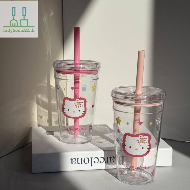 DOULADY Creative Hello Kitty ถ้วยกาแฟการ์ตูนน่ารักมูลค่าสูงและทนต่ออุณหภูมิสูงถ้วยฟางพร้อมฝาปิด TH