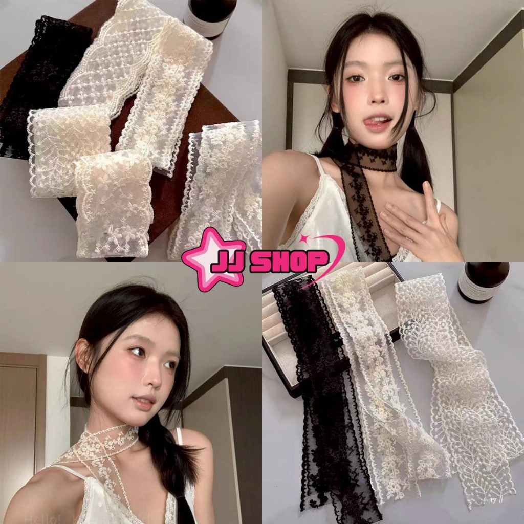 JJ shop💜 พร้อมส่ง ริบบิ้นยาว ลวดลายลูกไม้ มินมอล สไตล์สาวเกาหลี "VO-49"