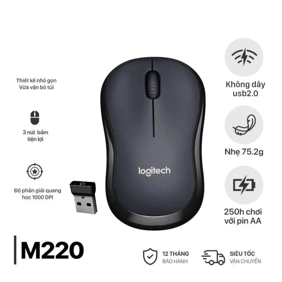 เมาส์ไร้สาย Logitech M220 Click Silent - ลดเสียง, USB, เหมาะสำหรับ PC / แล็ปท็อป HOT