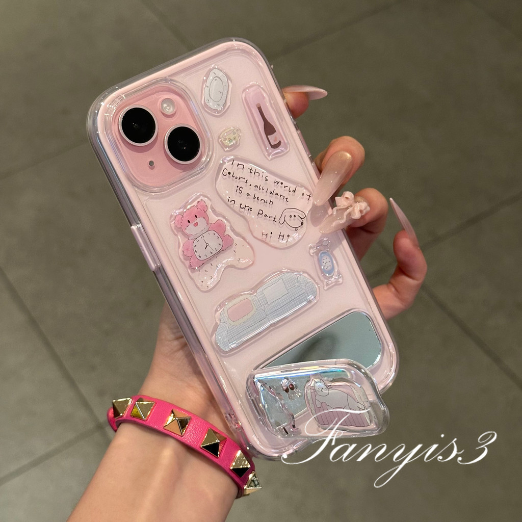 3-in-1 Candy สี Bezel เคสโทรศัพท์สําหรับ IPhone 16 15 14 13 12 11 Pro Max 7 8 Plus XR XS Max DIY สติกเกอร์น่ารักกระจกวงเล็บ Drop-proof Meteorite ปกอ่อน - รูปที่ 2