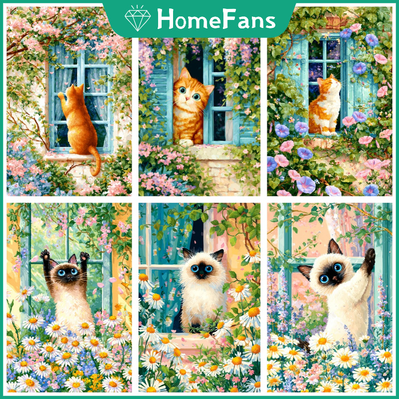HFThe Cat In The Garden ภาพวาดโดยตัวเลข/เพชรภาพวาดโมเสค Art Cross Stitch ชุดเย็บปักถักร้อย Rhinestones เด็กของขวัญ