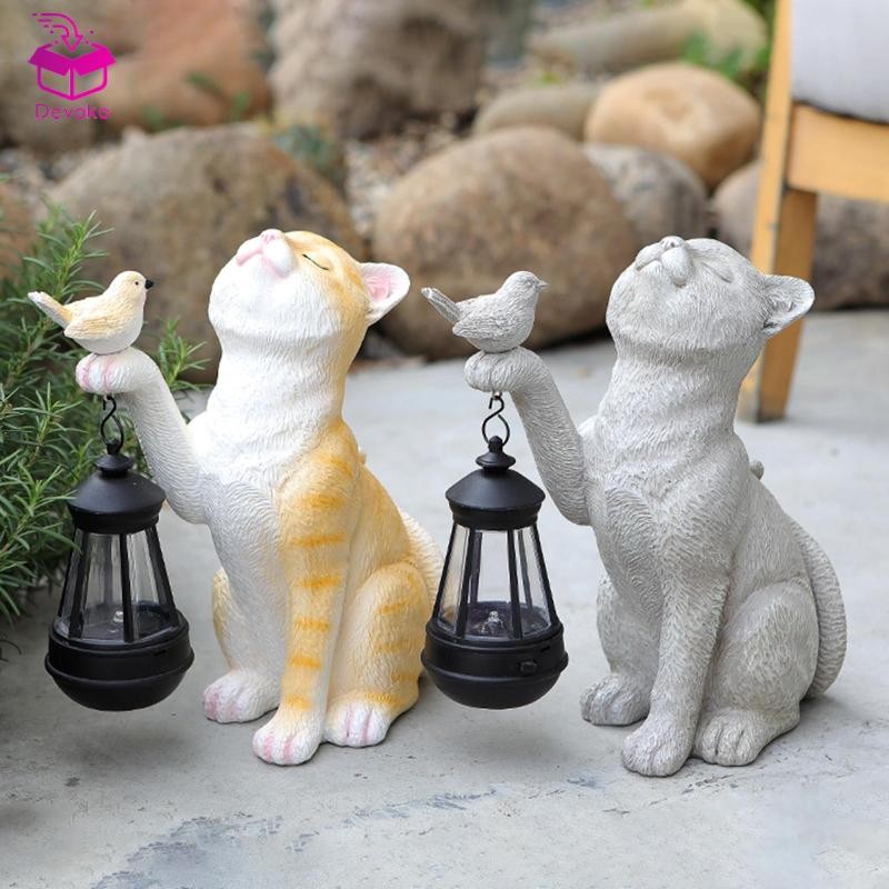 [chiwanji2mf] Cat Solar รูปปั้นกลางแจ้งของขวัญน่ารักตุ๊กตาประติมากรรมพร้อมโคมไฟพลังงานแสงอาทิตย์ตุ๊ก