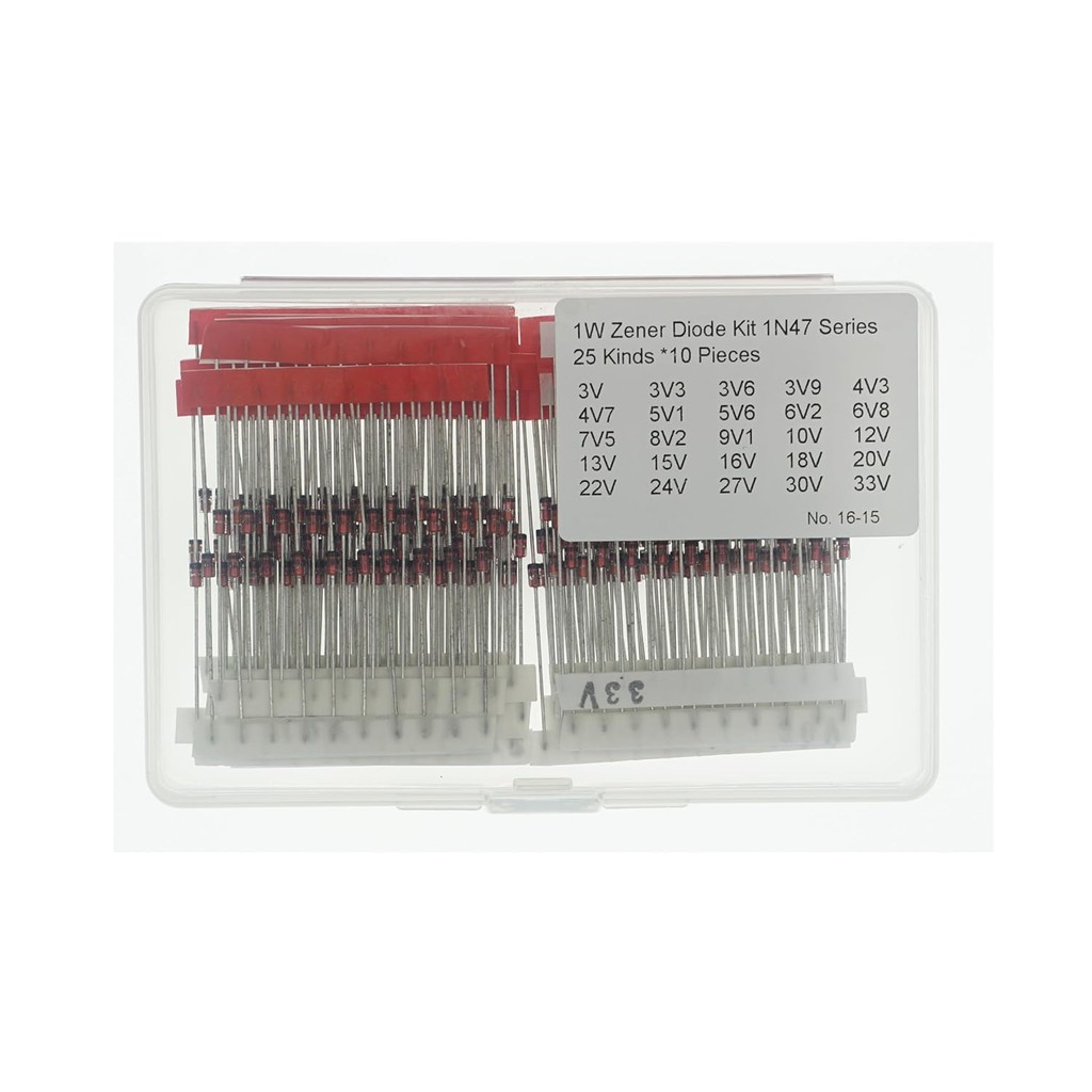 25values*10=250PCS 1N47 Series 1W DO-41 Zener Diode Assortment Kit รวม (3V 3V6 3V9 4V3 4V7 5V1 5V6 6
