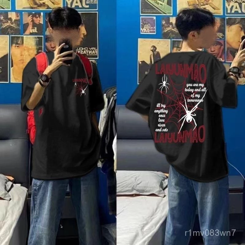 เสื้อยืดแขนสั้นลายแมงมุมหนัก สำหรับผู้ชายและผู้หญิง ทรงหลวม สไตล์อเมริกัน 220gเสื้อยืดผ้าฝ้ายแท้