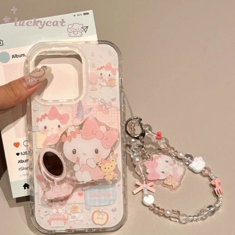 เข้ากันได้กับ iPhone 16 15 14 13 12 11 Pro Max X Xr Xs Max 7 8 Plus SE2020 เคสโทรศัพท์ Ins น่ารักแต่งหน้าหวานในกระจก KT Cat + Stand + Lanyard Soft Back Cover