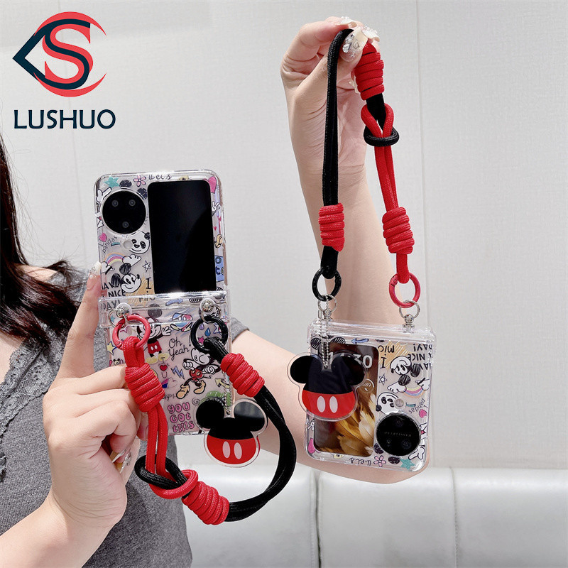 SAMSUNG Lushuoเคสโทรศัพท์สําหรับsamsung Galaxy Z Flip 6 5 4 3 OPPOค้นหาN2 Flip N3 Flipน่ารักMickey PCปกหลังพร้อมจี้และสายคล้องมือสําหรับFlip3 Flip4 Flip5 Flip6 N2Flip N3Flip