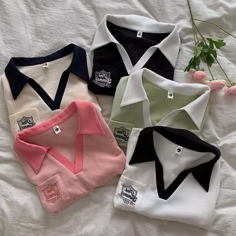 ส่งไวจากไทย TAYCEN M-XL เสื้อครอป แขนสั้น งานปัก เสื้อยืด เกาหลี ผู้หญิง คอวี เสื้อโปโล