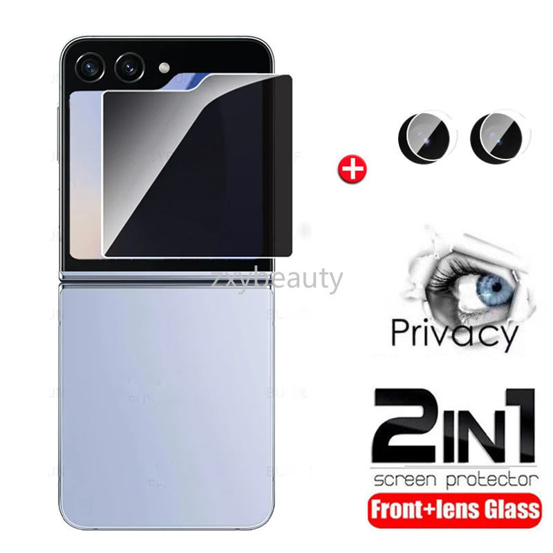 2in1 ความเป็นส่วนตัวกระจกนิรภัยสําหรับ Samsung Galaxy Z Flip 7 6 2025 Flip6 5G ป้องกันหน้าจอคลุมทั้งหมดเลนส์กล้องสําหรับ ZFlip6 Flip7 FE 7FE ZFlip7 Filp เลนส์ฟิล์ม Class