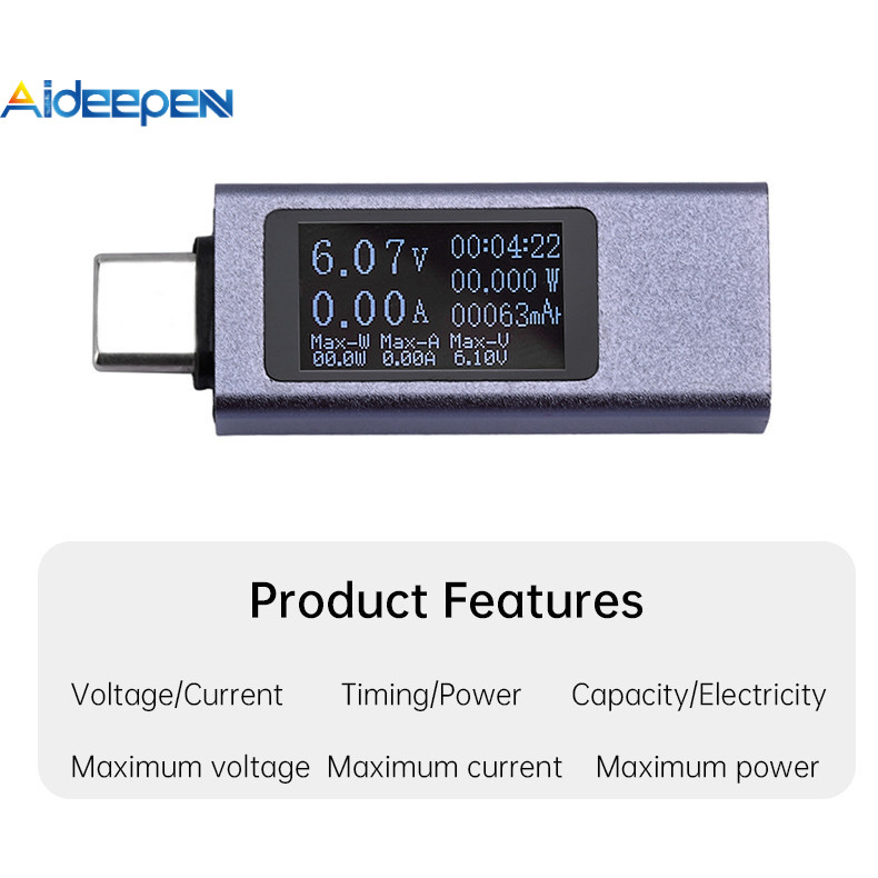 Aideepen เครื่องวัดแรงดันไฟฟ้าและกระแสไฟฟ้าแบบดิจิตอลมัลติฟังก์ชั่นเครื่องวัดพลังงาน Type-c เครื่องทดสอบการชาร์จโทรศัพท์มือถือ