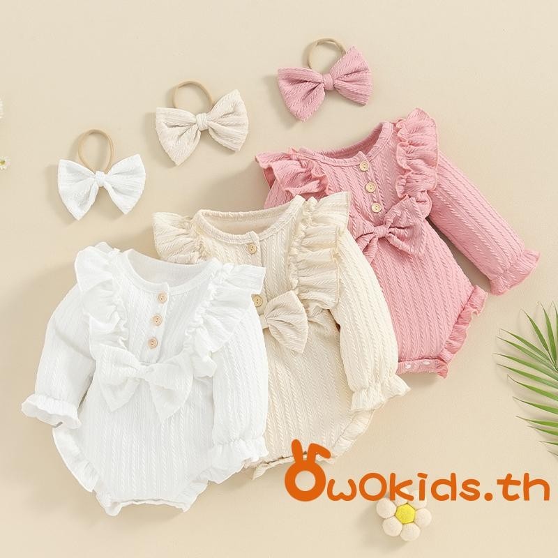 เด็กทารกฤดูใบไม้ร่วง Ruffle Romper แขนยาวลูกเรือคอปุ่ม Romper พร้อมแถบคาดศีรษะ