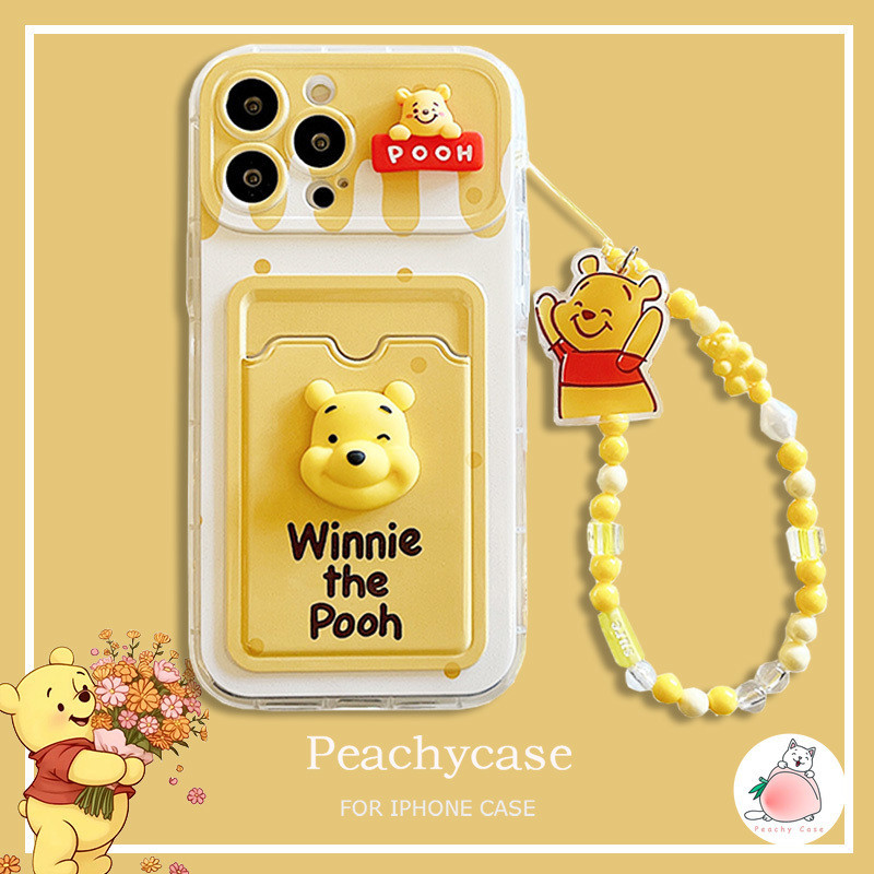 3ง น่ารักหมีพูห์บัตรกระเป๋าสตางค์สล็อตเคสโทรศัพท์เข้ากันได้สําหรับ ไอโฟน 15 14 13 มือโปร สูงสุด 12 11กับหมีจี้โซ่เต็มครอบคลุม ทีพียู ต่อต้าน-หยดปลอกมือ